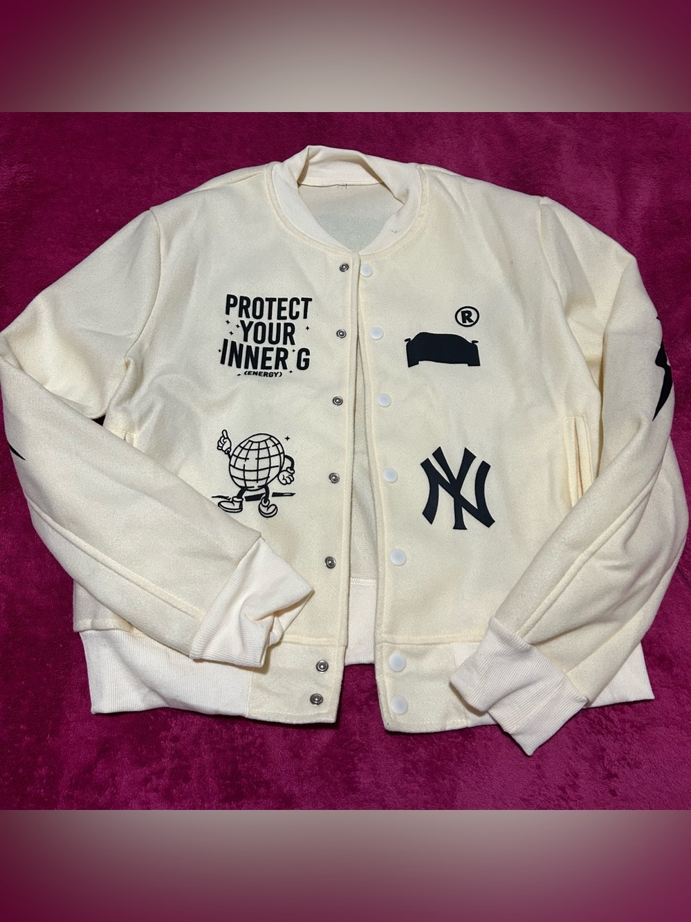 Cream Graphic Button-Up Jacket with NY Logo